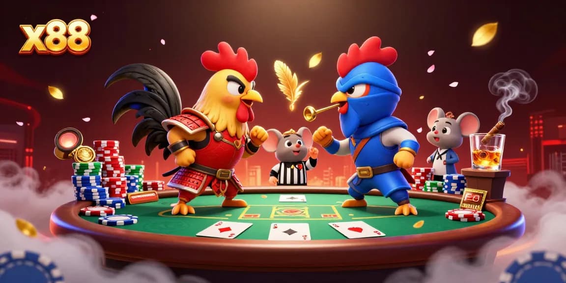 Join the thrilling battle of the x88 roosters in the ultimate poker showdown filled with chips and excitement.