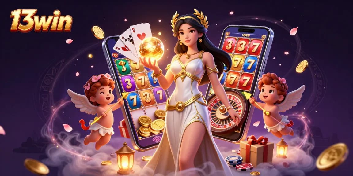 Experience thrilling slots with 13win’s vibrant gaming scene featuring a glamorous goddess.