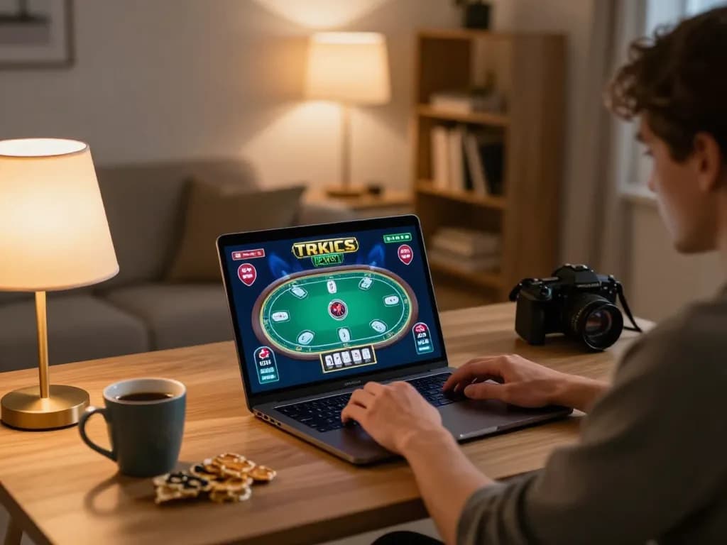 Engaged player using Fun88 for online poker in cozy home setting