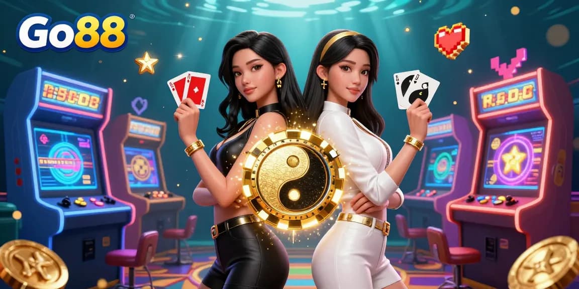 Engage with Go88's thrilling casino experience through stunning twin Asian women showcasing poker cards while surrounded by vibrant gaming elements.