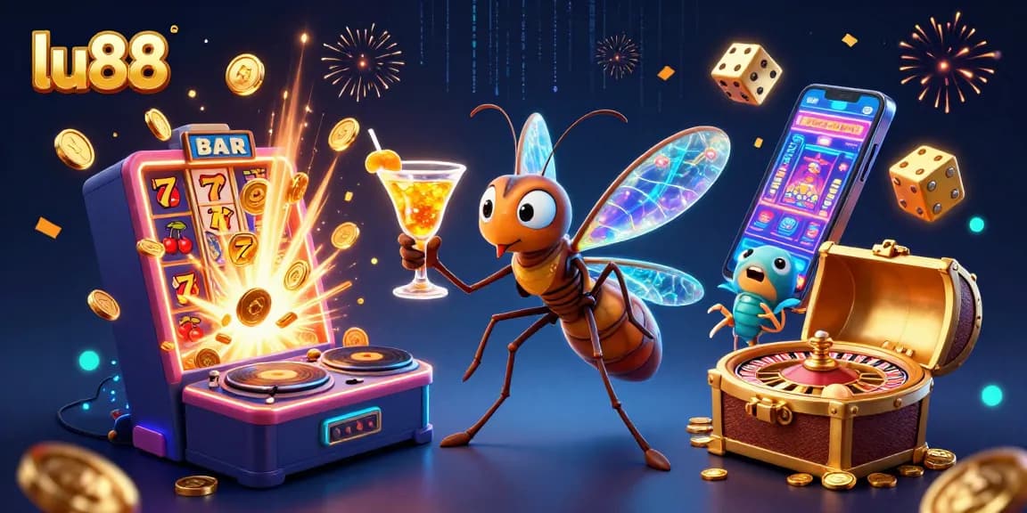Experience exciting gaming action with lu88's vibrant 3D casino illustration showcasing thrilling casino elements.