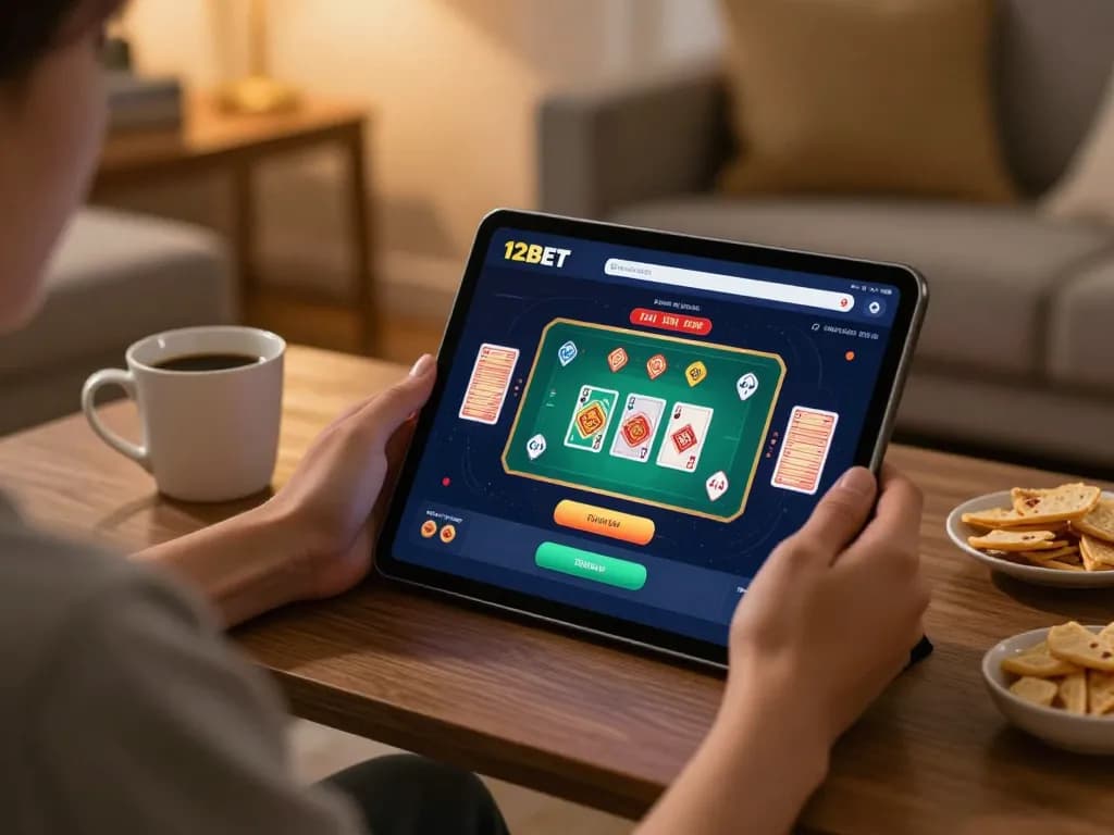 Thưởng thức Link 12bet trên máy tính bảng trong khi thư giãn ở nhà với đồ ăn vặt và ánh sáng ấm áp.