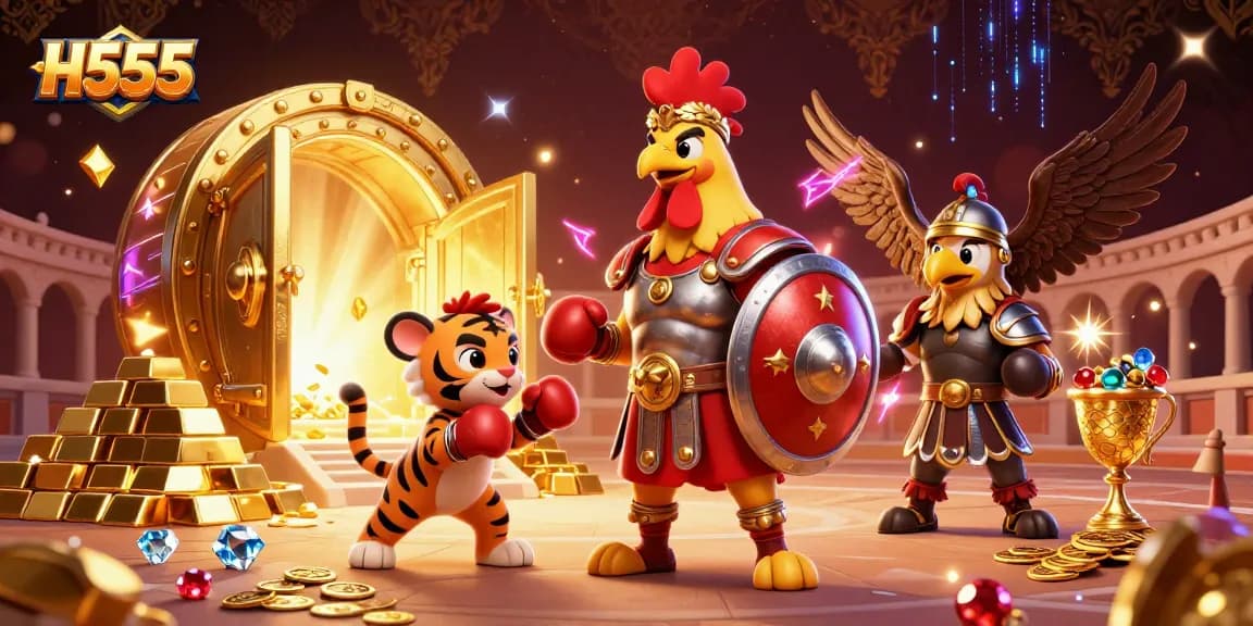 Engage with thrilling gameplay on H555 as a cartoon gladiator rooster and friends celebrate in a wealth-filled arena.