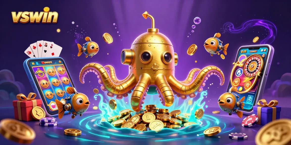 vswin showcases exciting jackpots and vibrant slot games in a dynamic underwater scene.