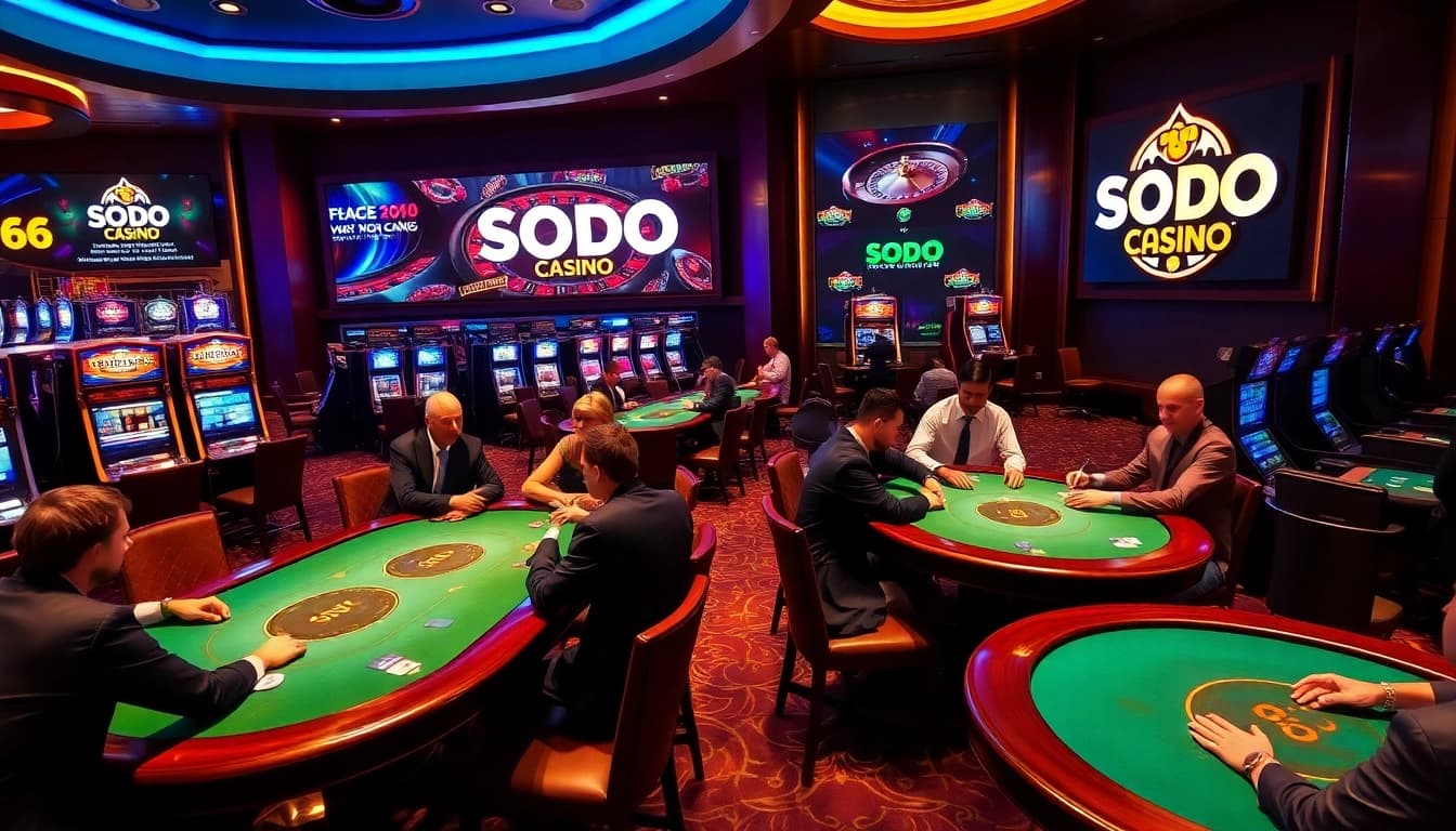 SODO CASINO 66 players enjoying high-stakes poker amidst a luxurious casino atmosphere.
