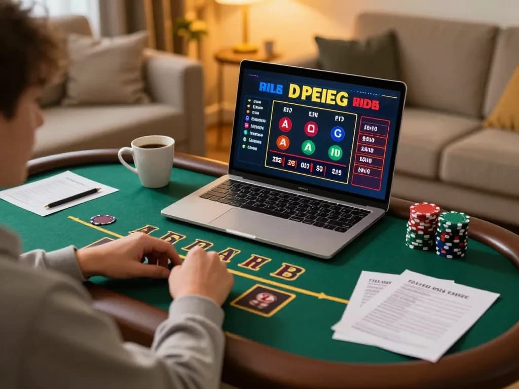 Engaged player using VA88 online casino blackjack interface on laptop in cozy home setup.