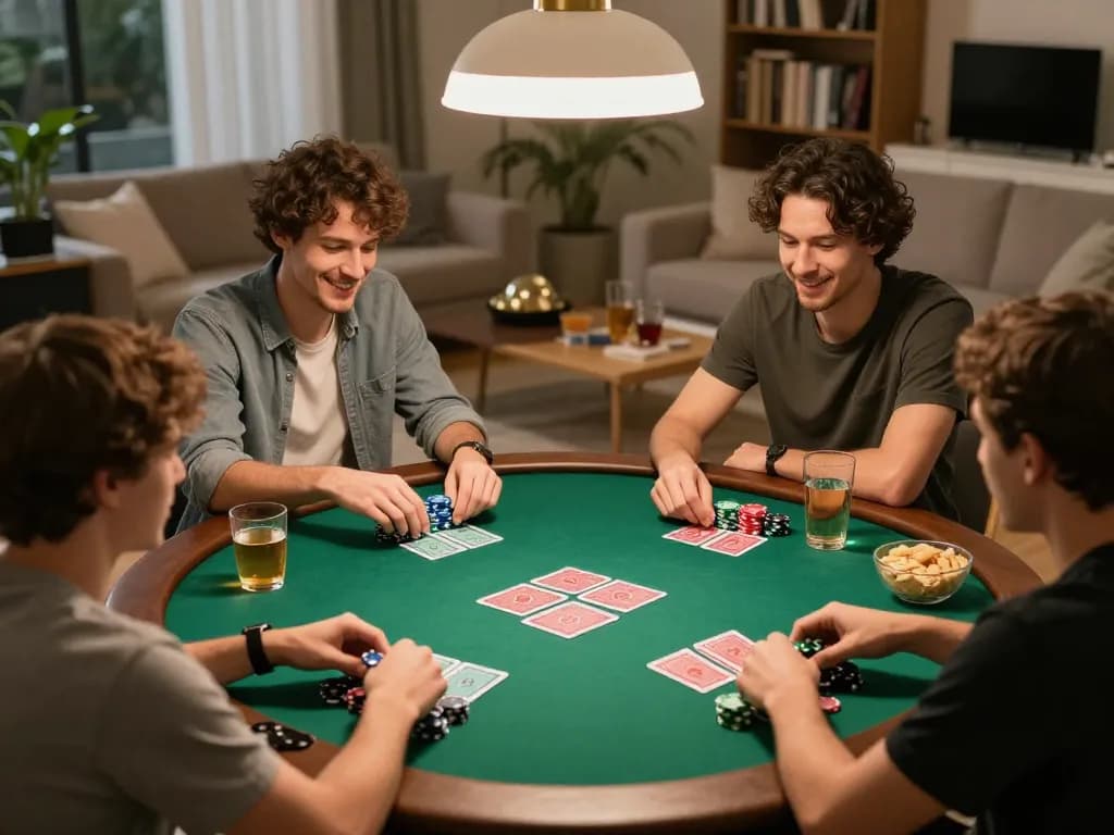 Players enjoying a poker night at home with vebotv streaming, showcasing excitement and camaraderie.