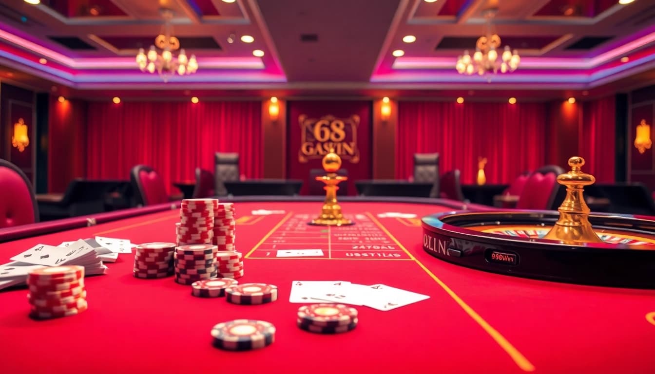 Engaging scene showcasing 98win online casino interface with traditional casino elements like roulette and cards.