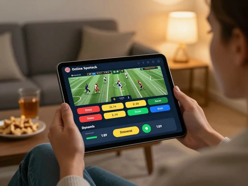 Engaging in online betting activities at TRANG CHỦ NOHU90, with sports events displayed on a tablet in a comfortable home setting