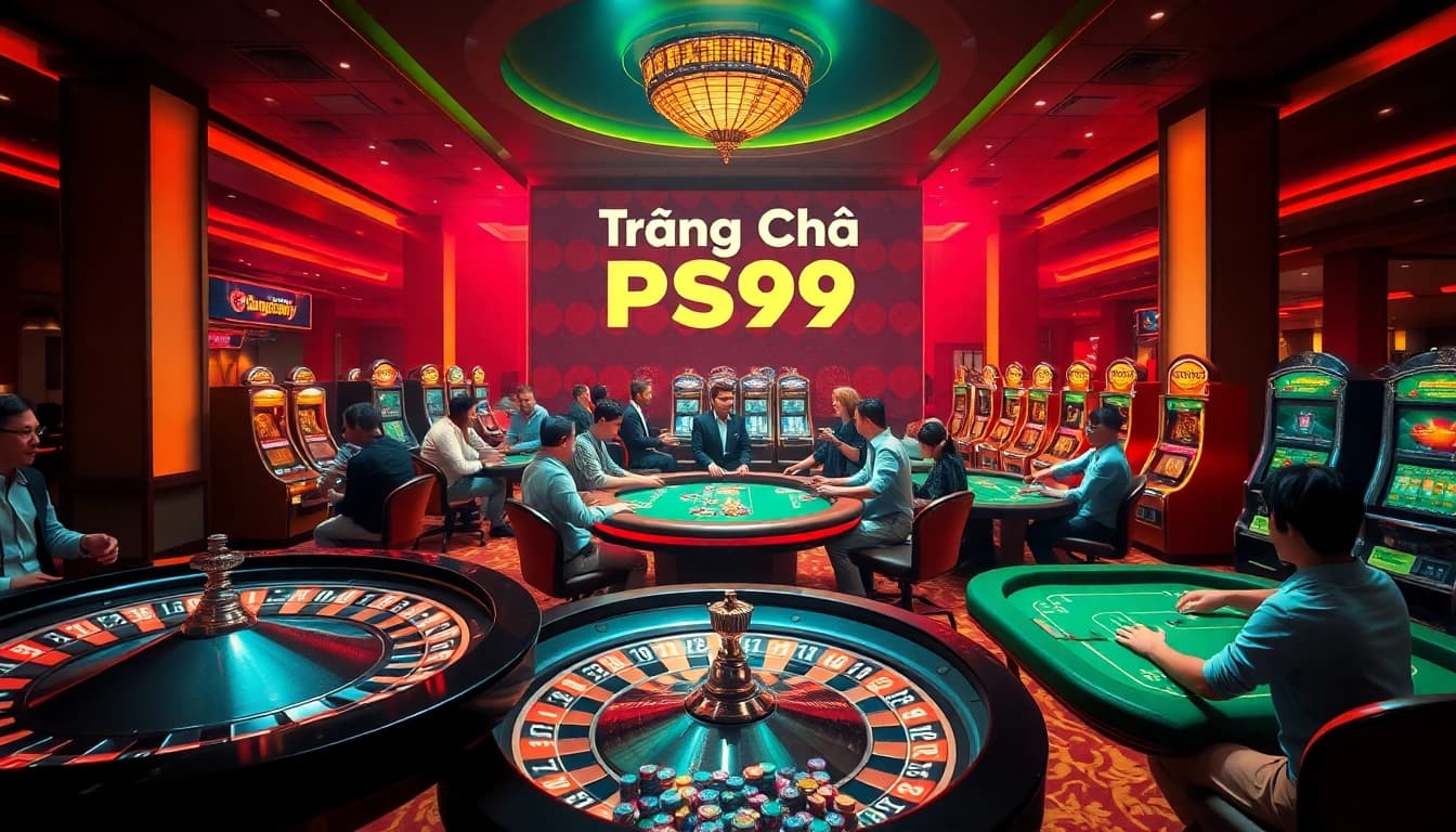 A vibrant casino scene at trang chủ PS99 with players engaged at poker tables and roulette wheels.