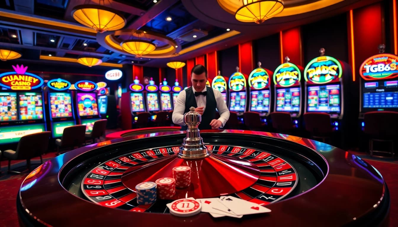 Excited player at tg88 casino table placing bets on poker cards and roulette.