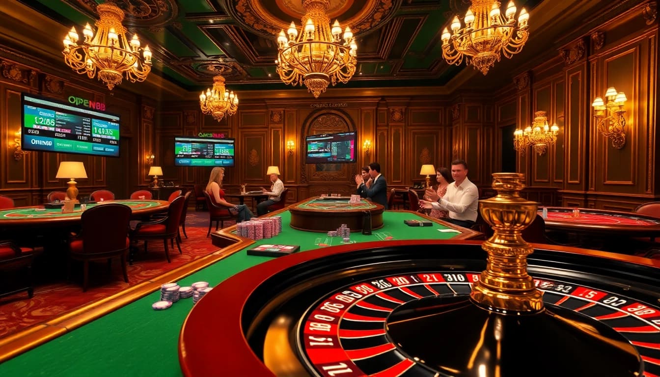 Experience the excitement of OPEN88 with a vibrant casino scene featuring gaming tables and a roulette wheel.