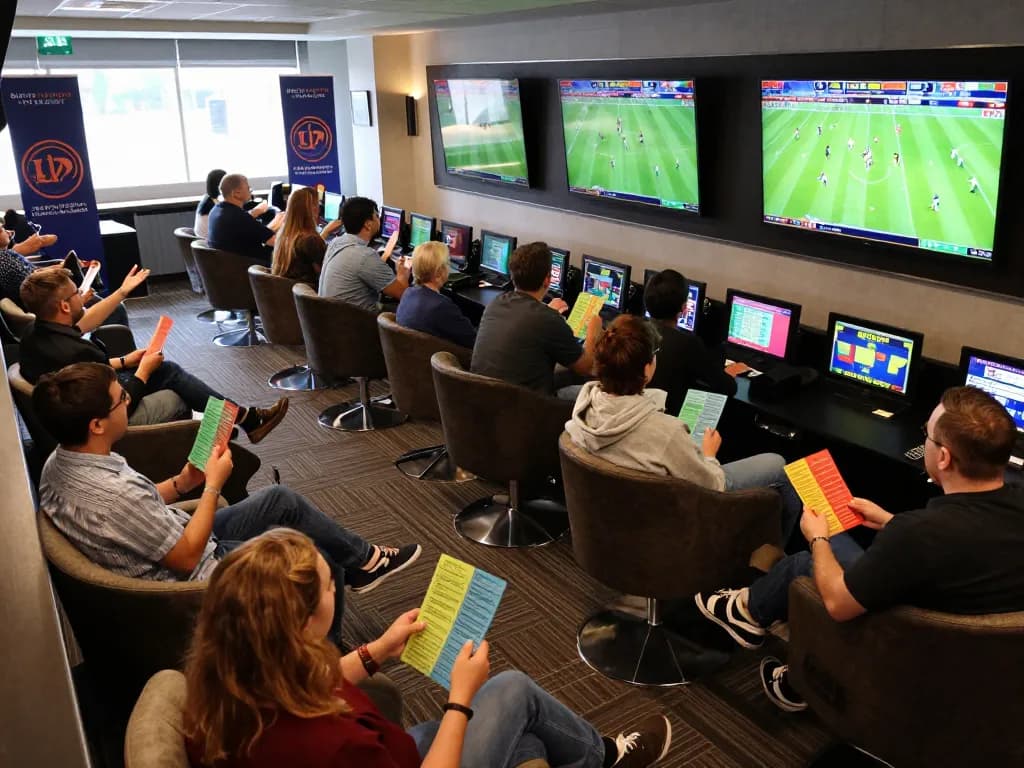 Kết quả bóng đá displayed on screens in a lively sports betting lounge filled with enthusiastic patrons.