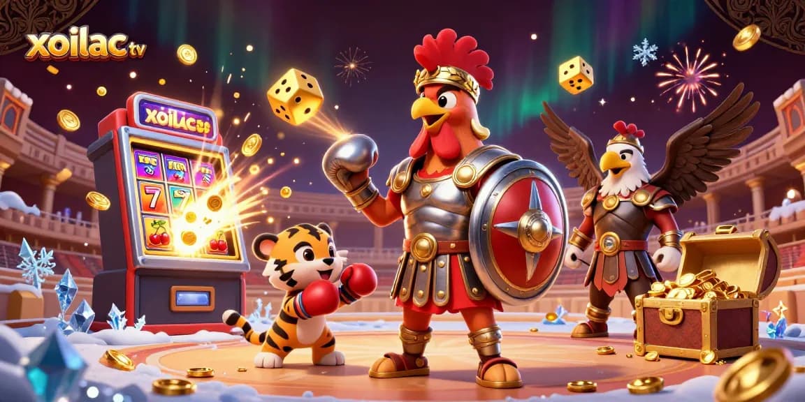Engage with exciting slots at xoilac tv, featuring a 3D gladiator rooster in a sparkling casino scene.