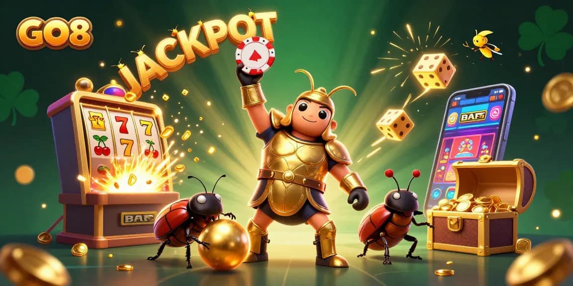 Win big with GO8 as the cartoon hercules beetle celebrates a jackpot in vibrant casino scene!
