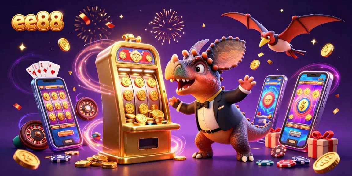 ee88 showcases thrilling jackpot moments with cartoon dinosaurs in a vibrant casino scene.