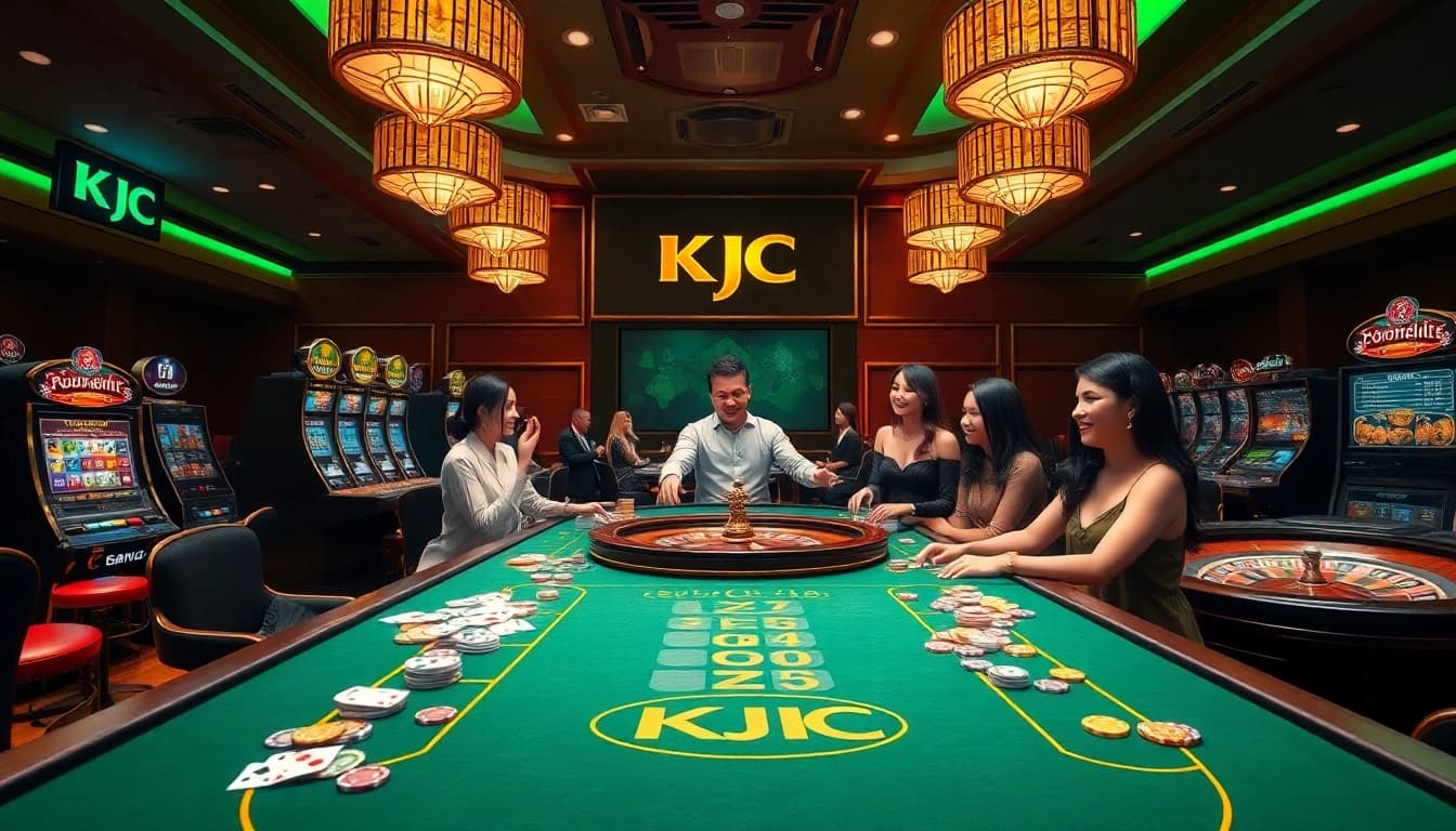 KJC casino scene illustrating players engaging in poker and slot games amidst a luxurious gambling atmosphere.