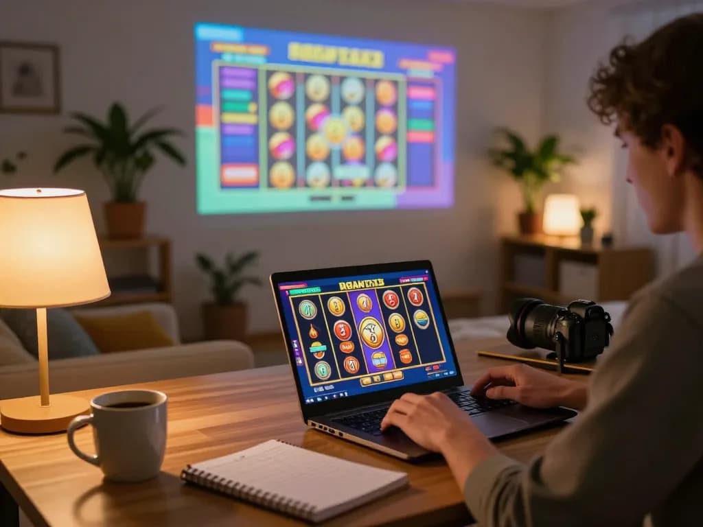 Player enjoying lv88 slots online at home with engaging gameplay in cozy setting.