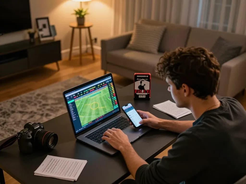 Engaging in trang cá độ bóng đá through online betting, showcasing vibrant odds and a cozy setup.
