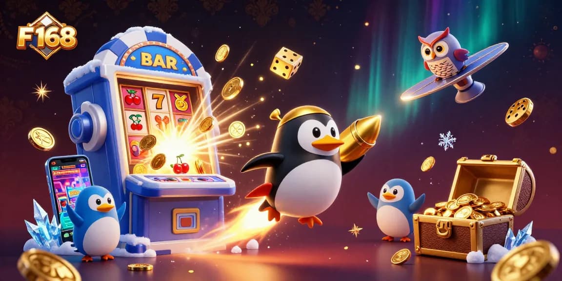 Experience the thrill of F 168 with a vibrant scene of casino elements and a golden penguin adventure.