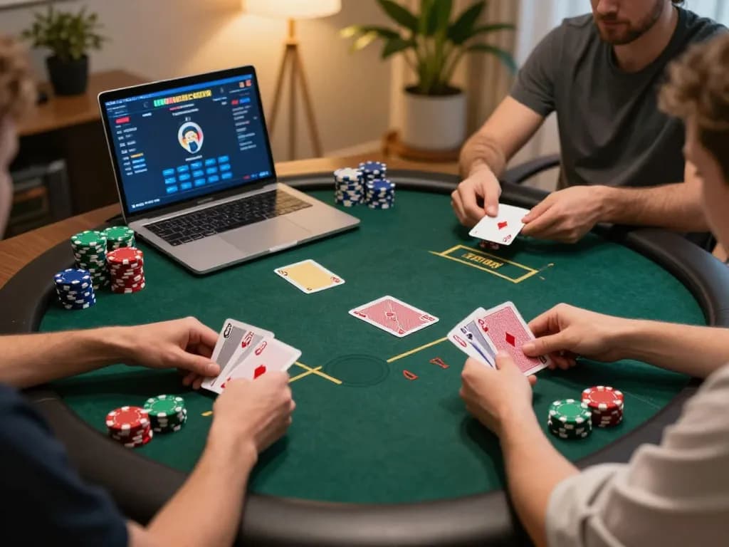 Engaged players strategizing in an online ee88 poker game with colorful chips.