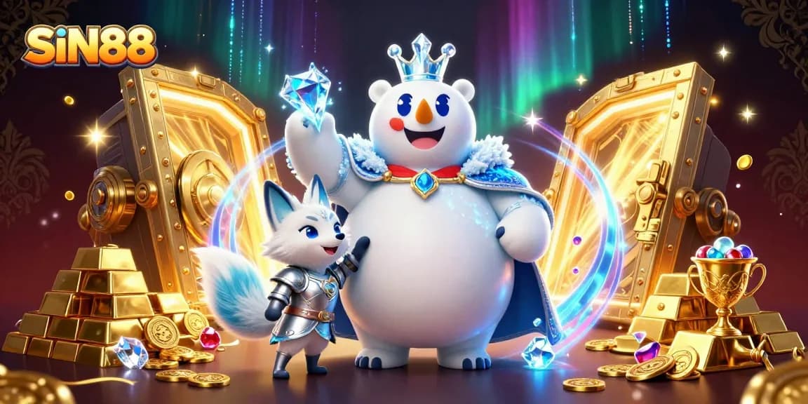 SIN88 presents a dynamic casino adventure with a polar bear and snow fox amidst treasures, captivating players.