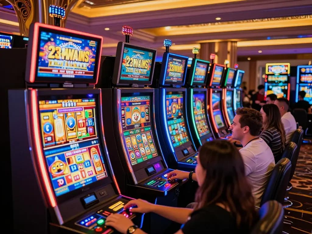 Excited players spinning bright slots at 23WIN Casino, capturing the vibrant gaming atmosphere.