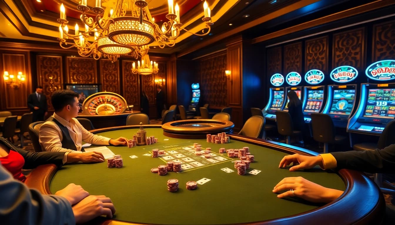 SODO66 players experiencing high-stakes poker with luxurious casino ambiance.
