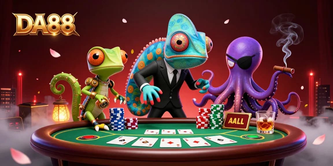 DA88 showcases a rich, dynamic scene with ace poker hands, secret agent chameleon, and vibrant casino atmosphere.