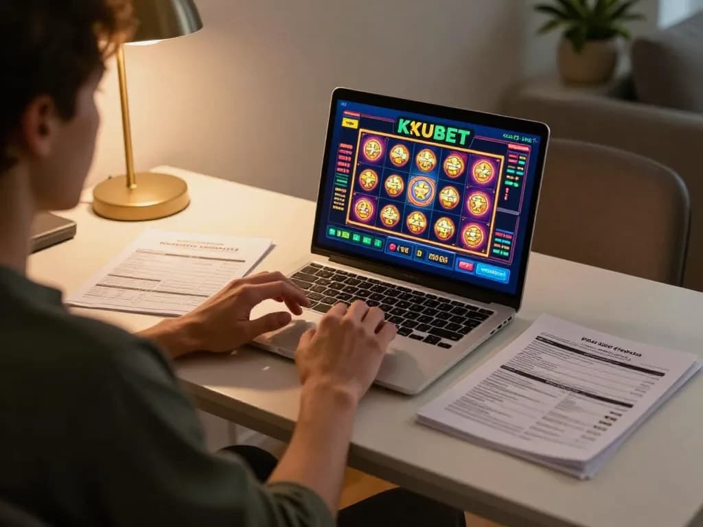 Engaging player exploring KUBET online casino interface on laptop surrounded by strategy notes.