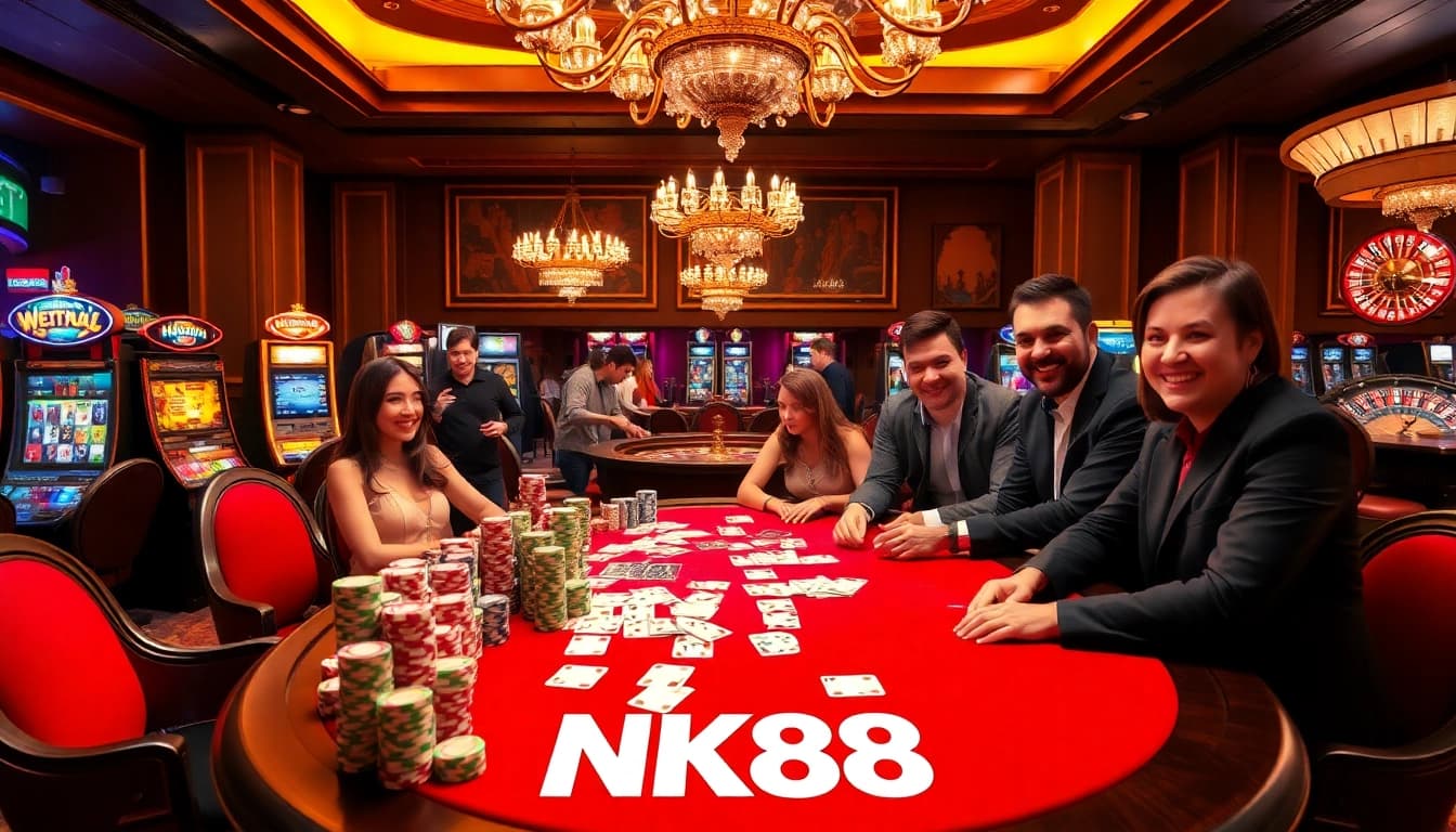 Engaged players enjoying thrilling games at NK88 casino, showcasing excitement and luxury.