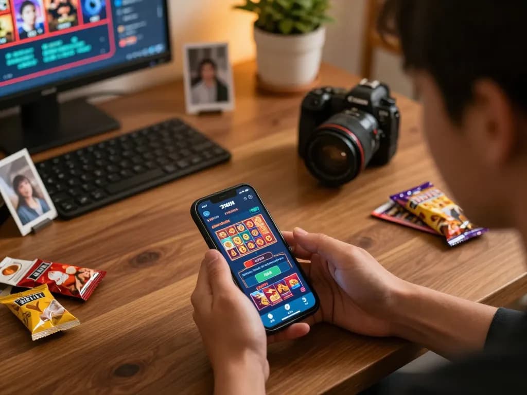 Engaging in online casino gaming using the 78win đăng nhập interface on a smartphone in a cozy home