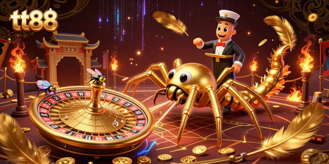 tt88 players placing bets in a vibrant 3D casino scene with a golden spider and centipede croupier.