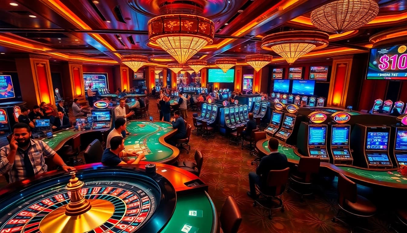 Players experience the thrill of betting at 8kbet's luxurious casino, complete with elegant tables and vibrant slot machines.
