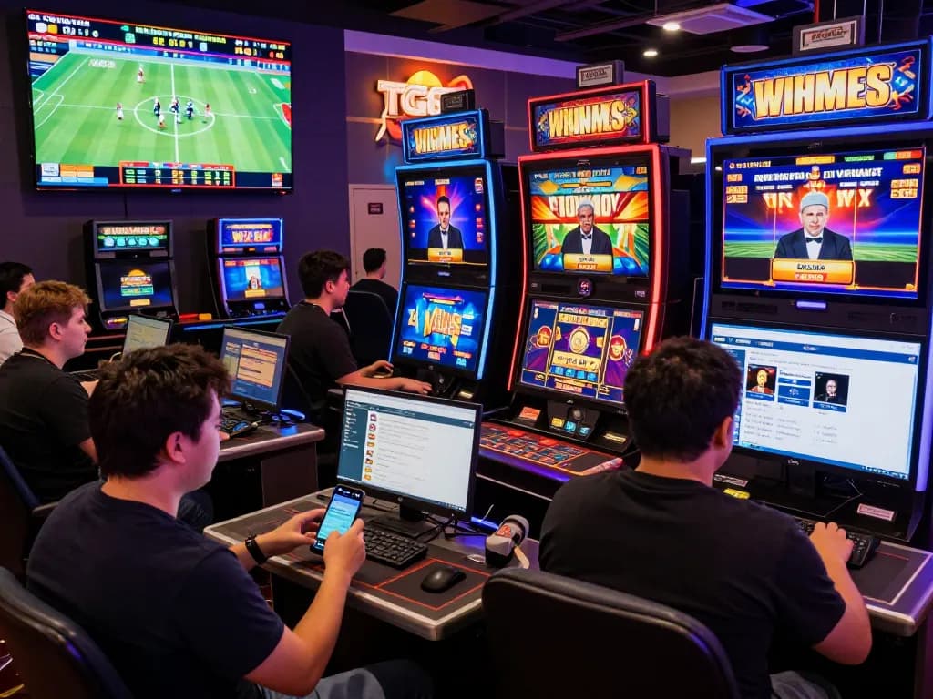 Engaged players on nhà cái TG88 interactive platform enjoying casino games and sports betting, surrounded by vibrant graphics and lively atmosphere.