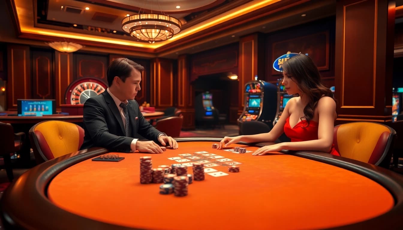 Engaged players at az888 poker table in a luxurious casino setting.