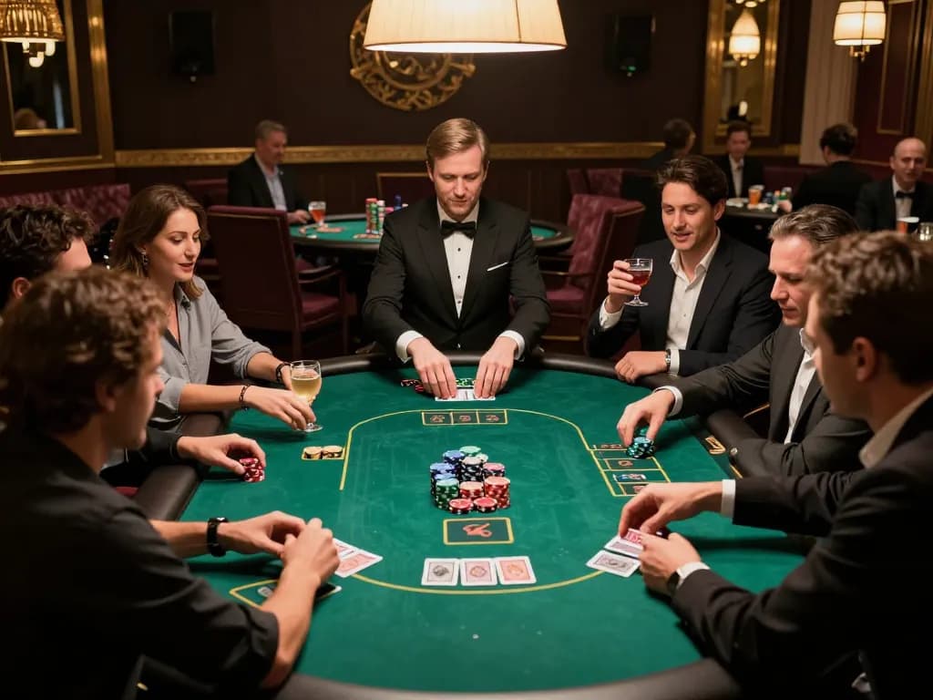 FLY88 players strategizing over a high-stakes poker table, showcasing chips and cards in an upscale atmosphere