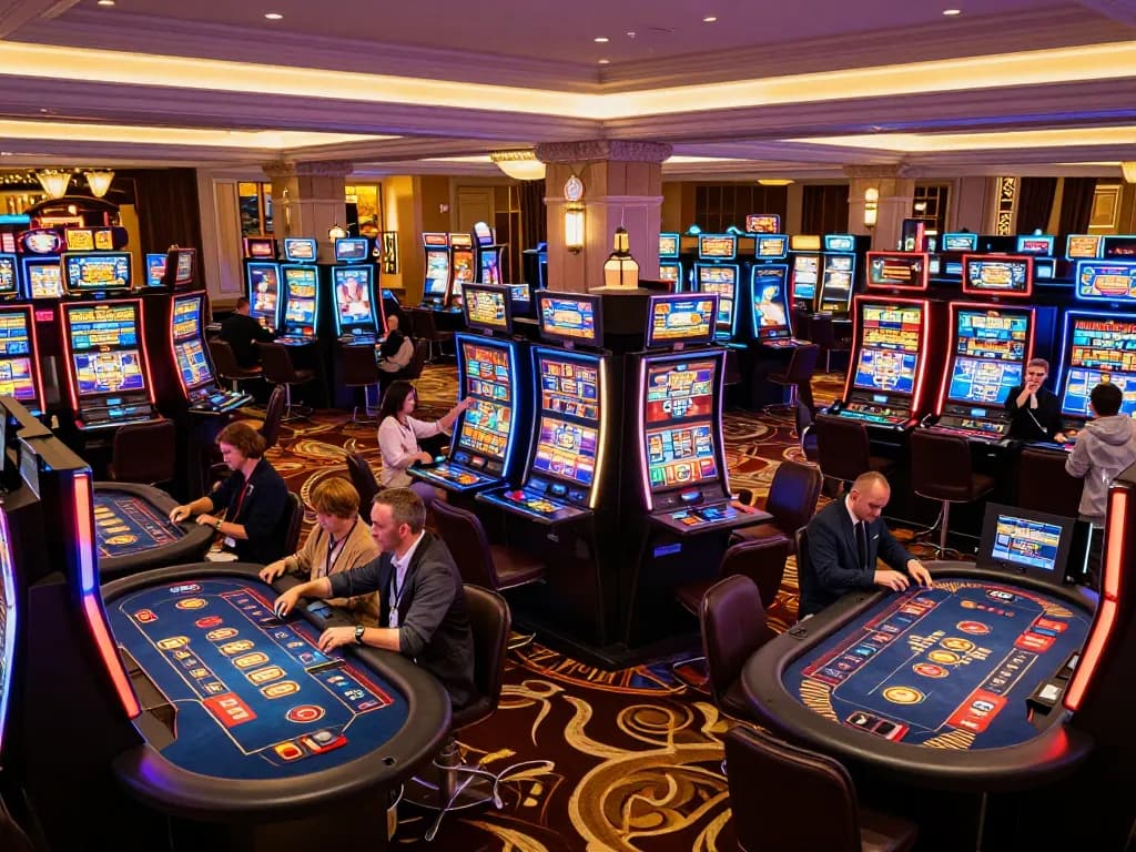 Engaged players enjoying a vibrant gaming experience at 789Club casino, featuring colorful slot machines and table games