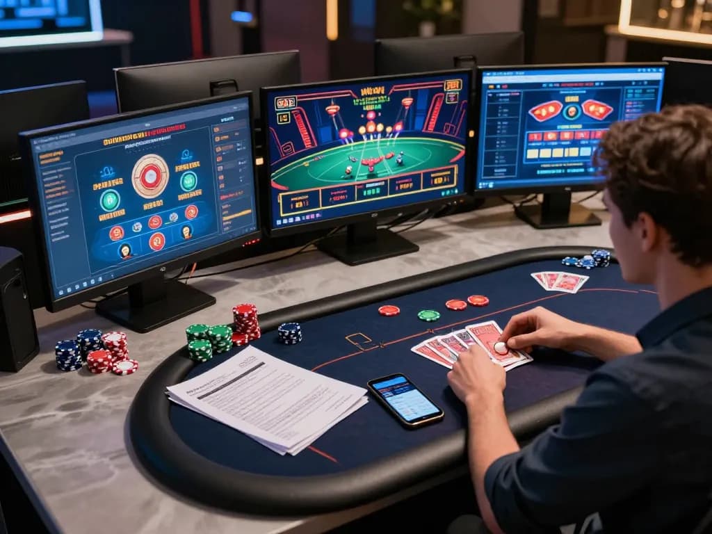 Person engaging with MM88 casino games on multiple screens in a modern gaming setup.