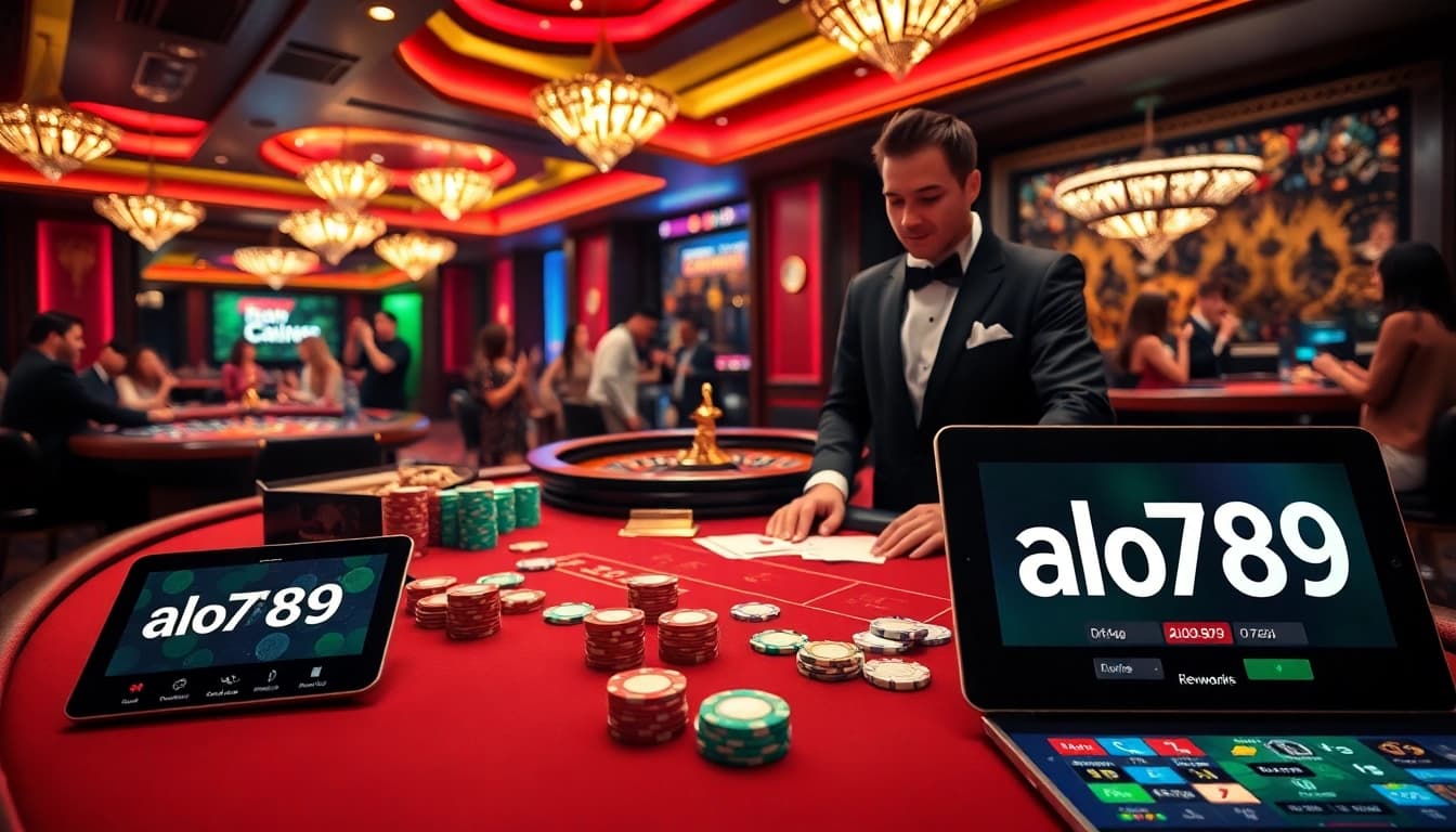 A dynamic poker game scene at alo789 casino showcasing vibrant chips and a roulette wheel.
