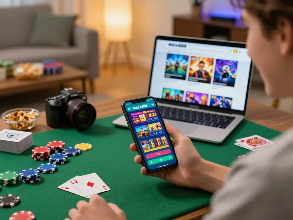 Engaging scene showing a player using the apk mega888 on a smartphone in a cozy gaming setup.