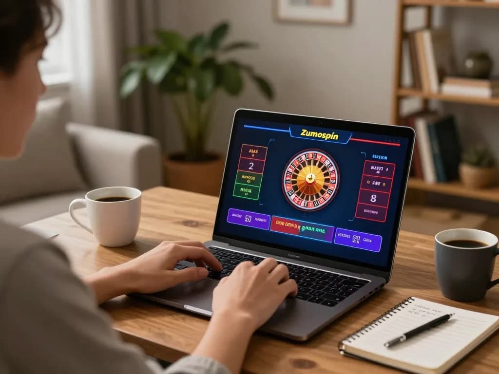 Engaging in Zumospin's live dealer game on a laptop, showcasing vibrant gameplay setup.
