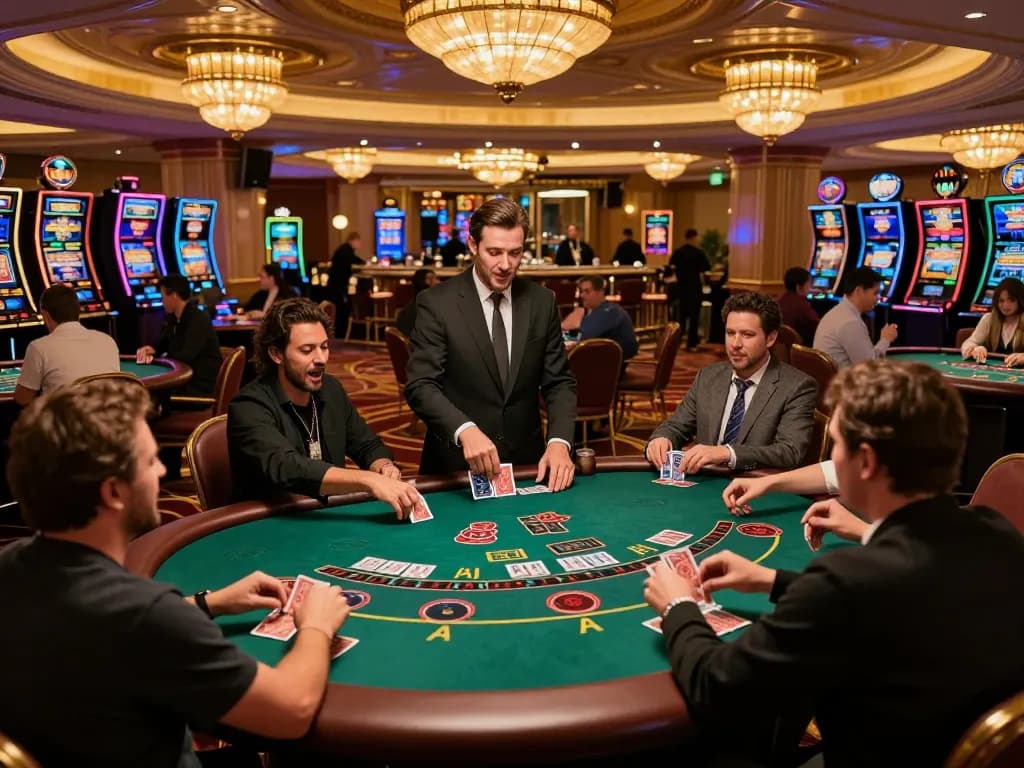 Onbet players strategizing at a high-stakes blackjack table in a vibrant casino atmosphere