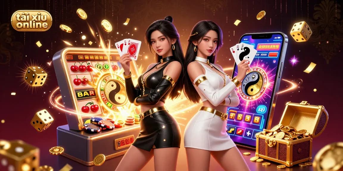 Experience the excitement of tài xỉu online with a vibrant illustration of skilled players, glamorous cards, and casino elements.