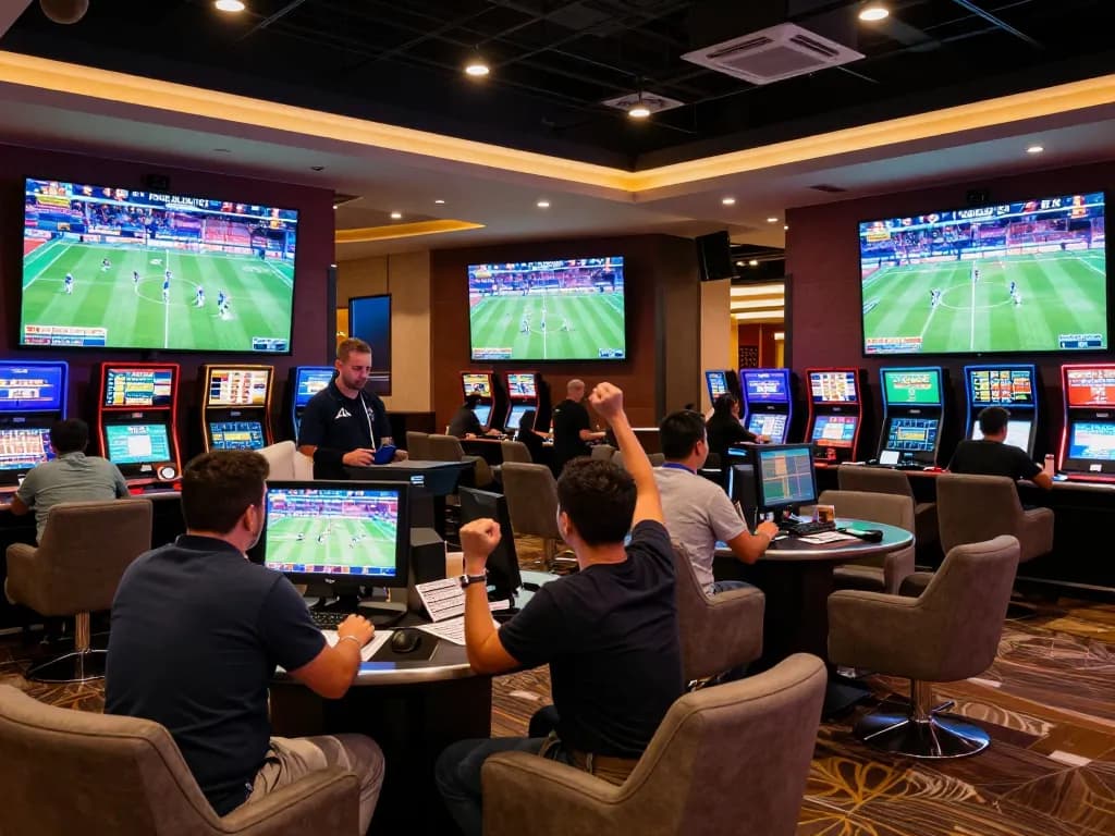 Engaging in sports betting at a vibrant casino lounge featuring live games, uk88 betting slips.