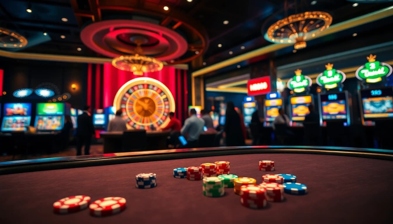 Experience the thrill of HB88 casino gaming with vibrant tables, poker chips, and roulette wheels.