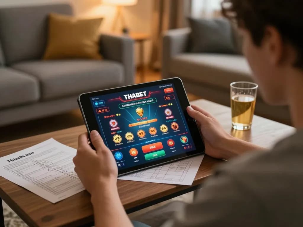 Engaging in strategic gaming on the Thabet online casino platform while relaxing at home.