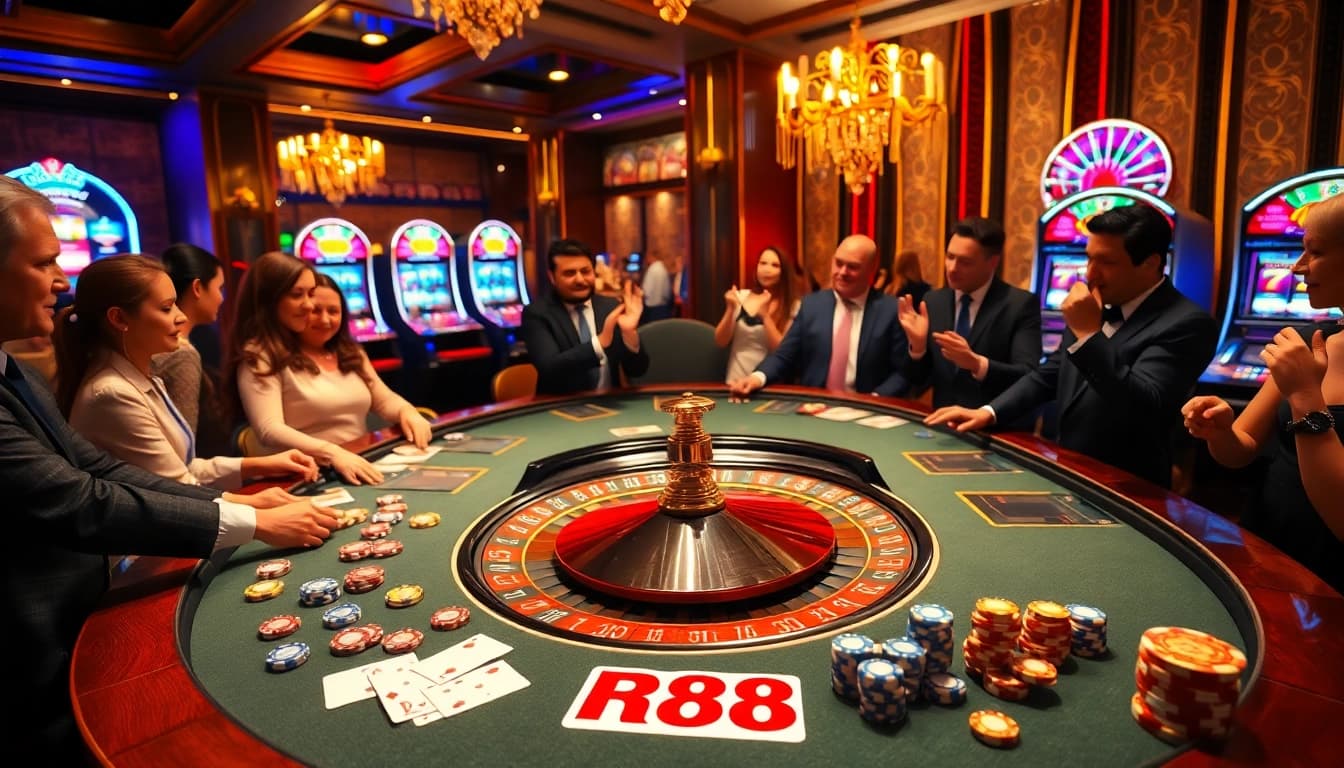 Players enjoying the vibrant RR88 casino experience at a roulette table with colorful chips.