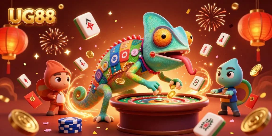 Experience the thrilling gaming action at UG88 with a vibrant 3D casino scene featuring a colorful chameleon.