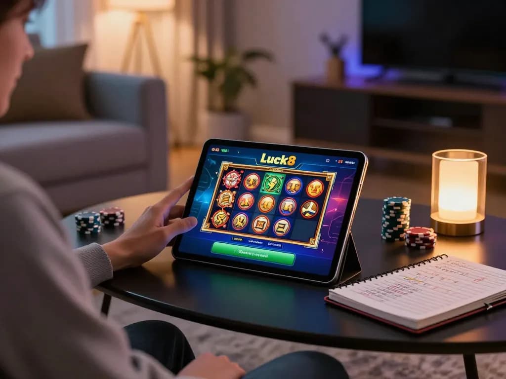 Experience gameplay with luck8 in a cozy home setting using a tablet for immersive casino action